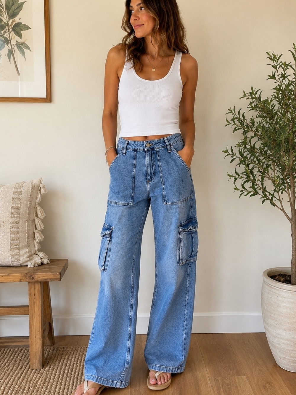 Light Blue High-Rise Wide Leg Cargo Jeans by